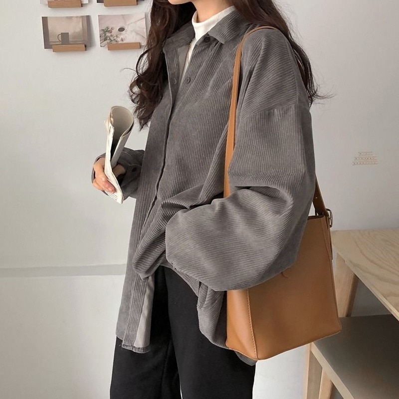 Deeptown Vintage Corduroy Women Blouses Casual Oversized Harajuku Basic Chic Fashion Long Sleeve Shirt Retro Coat Female Jackets
