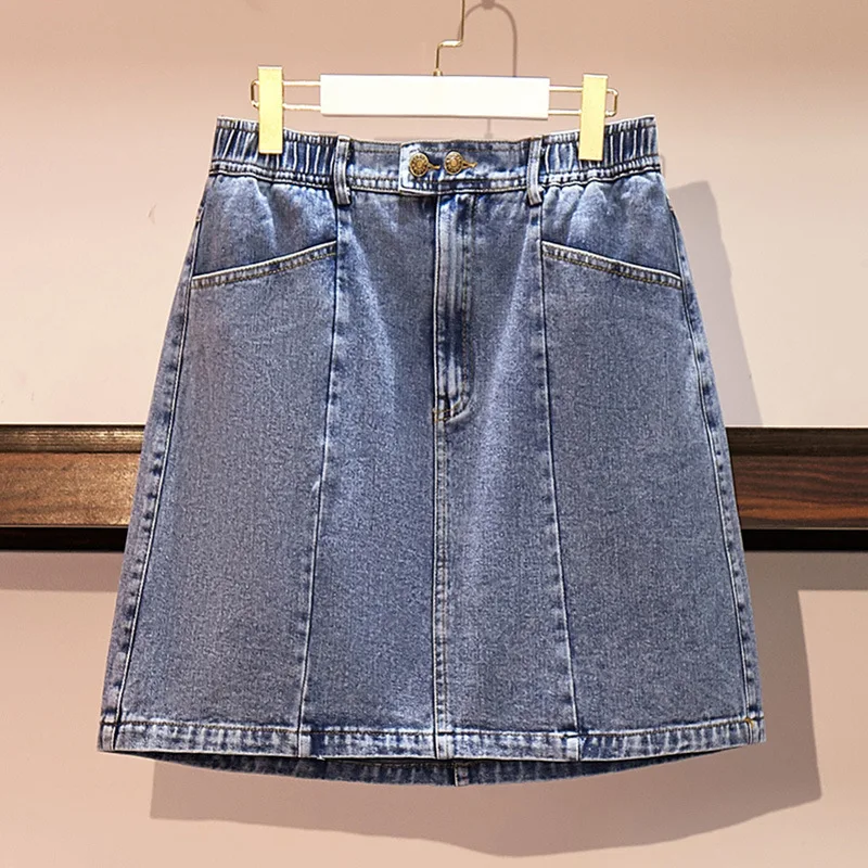 New 2022 Summer Plus Size Women Jean Skirt Large Size Korean A-line Blue Cotton Pocket Denim Mini Skirts 3XL 4XL 5XL 6XL 7XL
