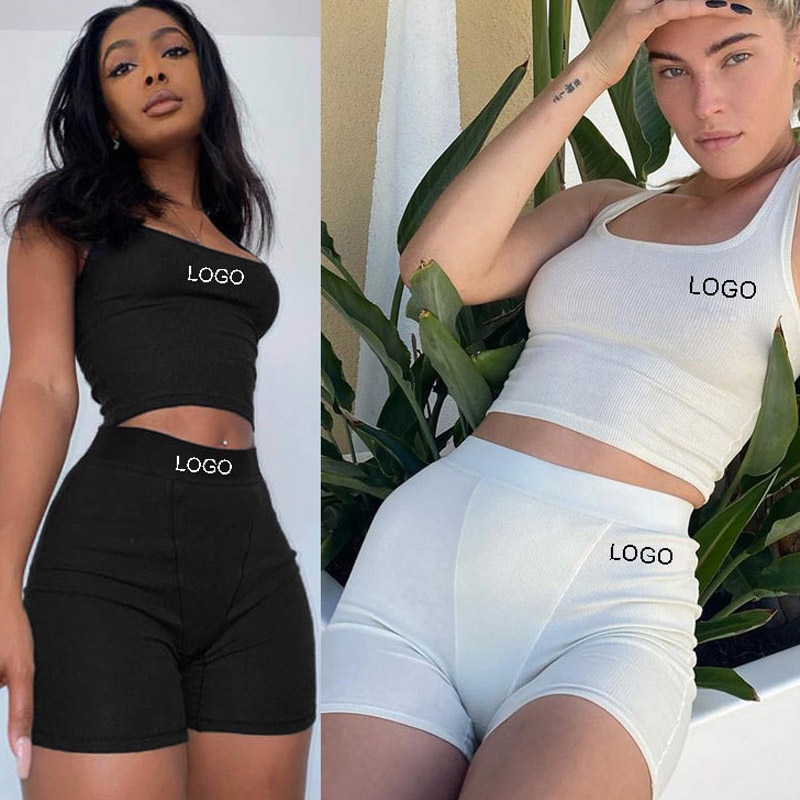 summer workout ribbed 2 piece short set women logo customized plain cropped tank top shirt and short set biker shorts set 2022