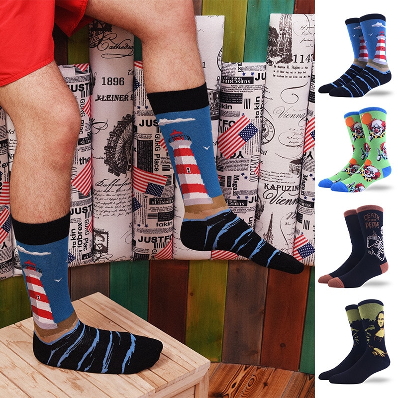 Combed Cotton Fashion Hip Hop Men Socks Trend Harajuku shark Clown Skateboard oil painting animal Happy Socks Funny Sokken