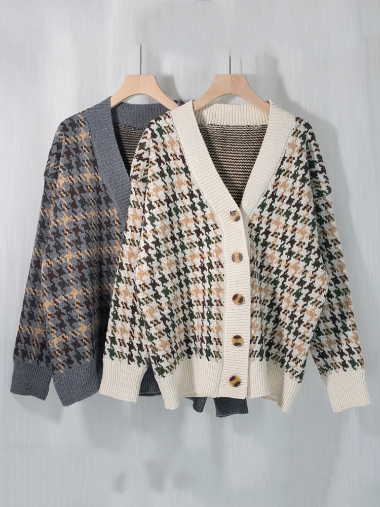 GGRIGHT Sueter Vintage Houndstooth Jacquard Knit Cardigan Sweater Women Winter Clothes 2022 Loose Cardigans Sueters De Mujer