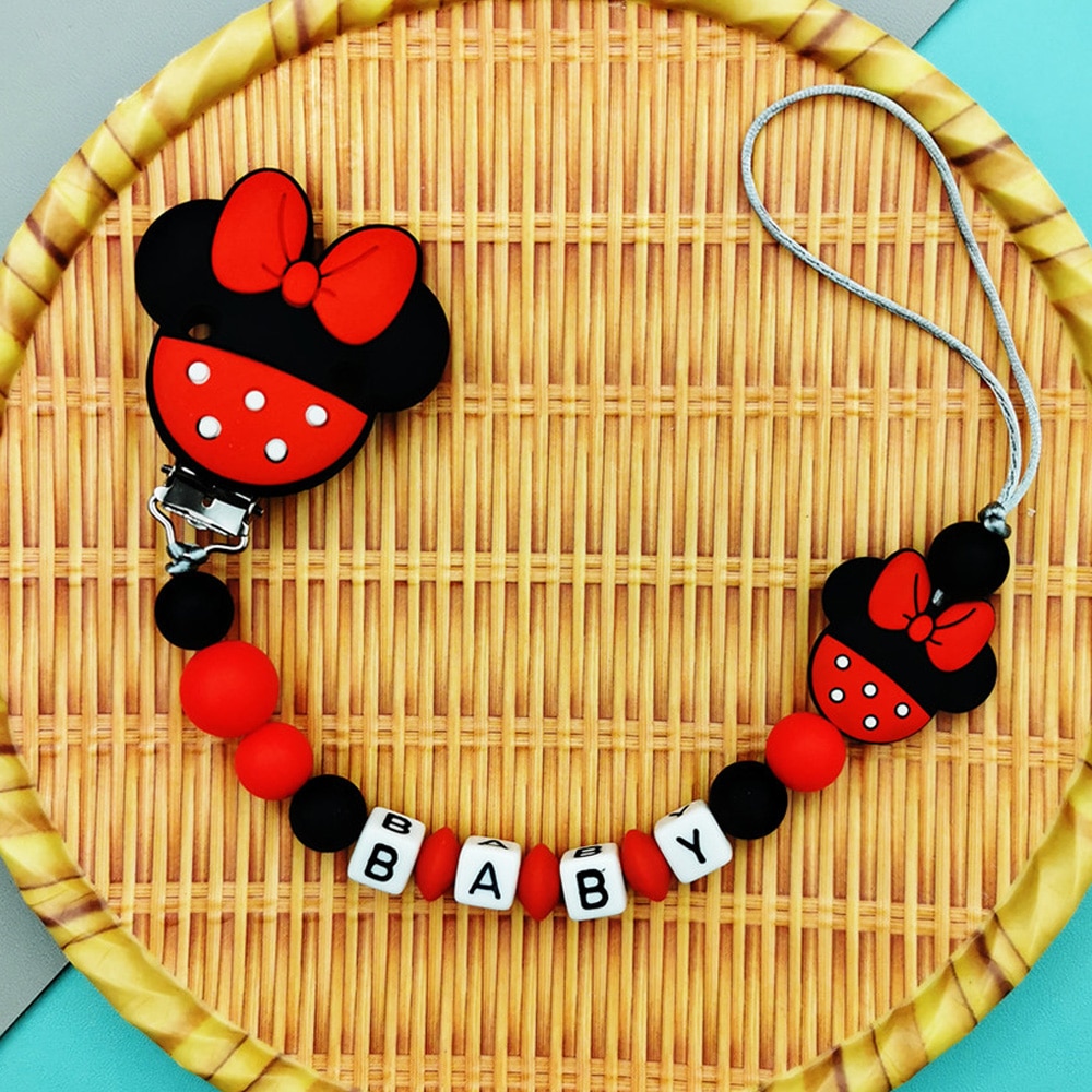 Custom English Russian Letters Name Baby Silicone Clips Mouse Pacifier Chains Teether Pendants Baby Pacifier Kawaii Teether Gift