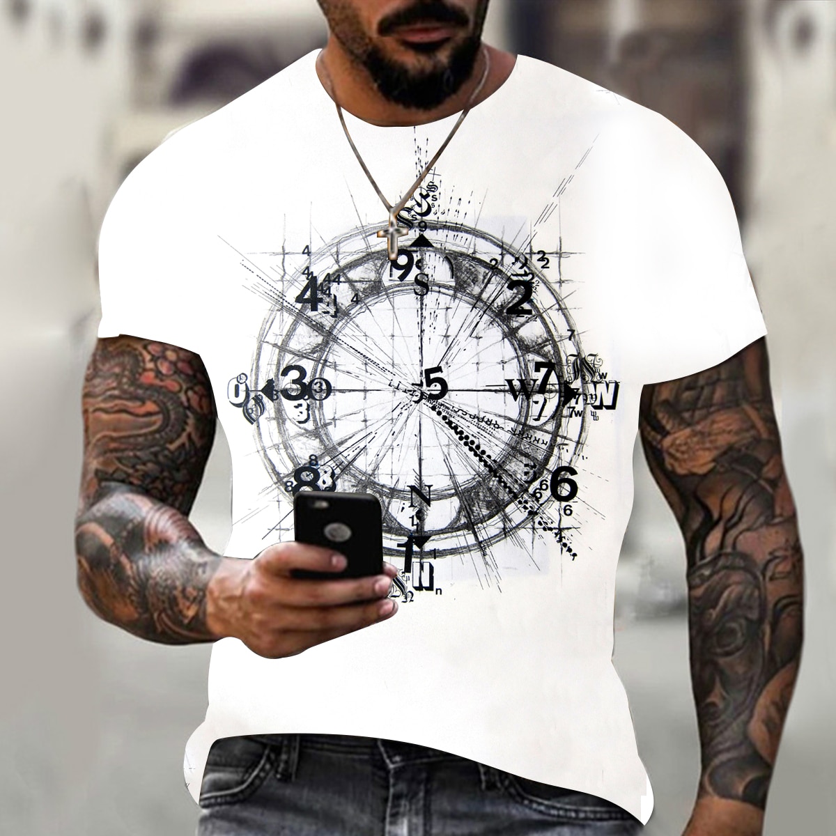 Summer 2022 Men's Casual Compass 3D printed pattern T-shirt street short sleeve fashion top oversized