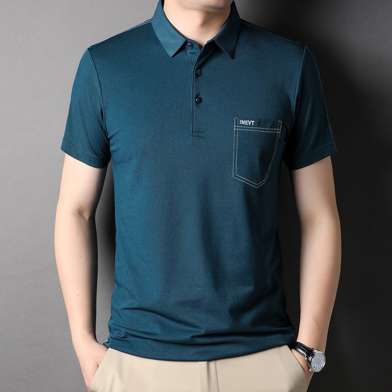 Summer Mulberry Silk Men's Short-sleeved T-shirt Men's Lapel with Pockets Fashion Embroidery Cool Breathable Men'