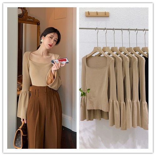 Slash Neck Fashion Knit Flare Sleeves Women Crop Tops Sweater Spring Fall Black Color Lady Tees T-Shirt Pullover