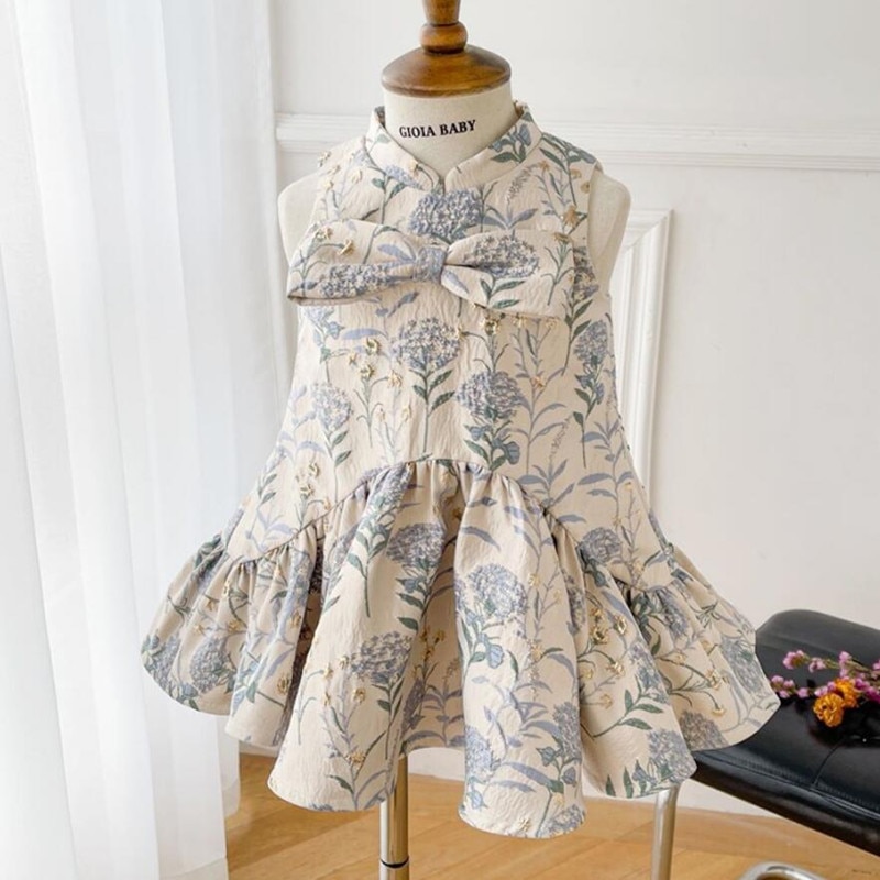 Chinese Style Vintage Cheongsam Princess Ball Gown Baby Girls Sleeveless Jacquard 1st Birthday Baptism Party Dresses y483