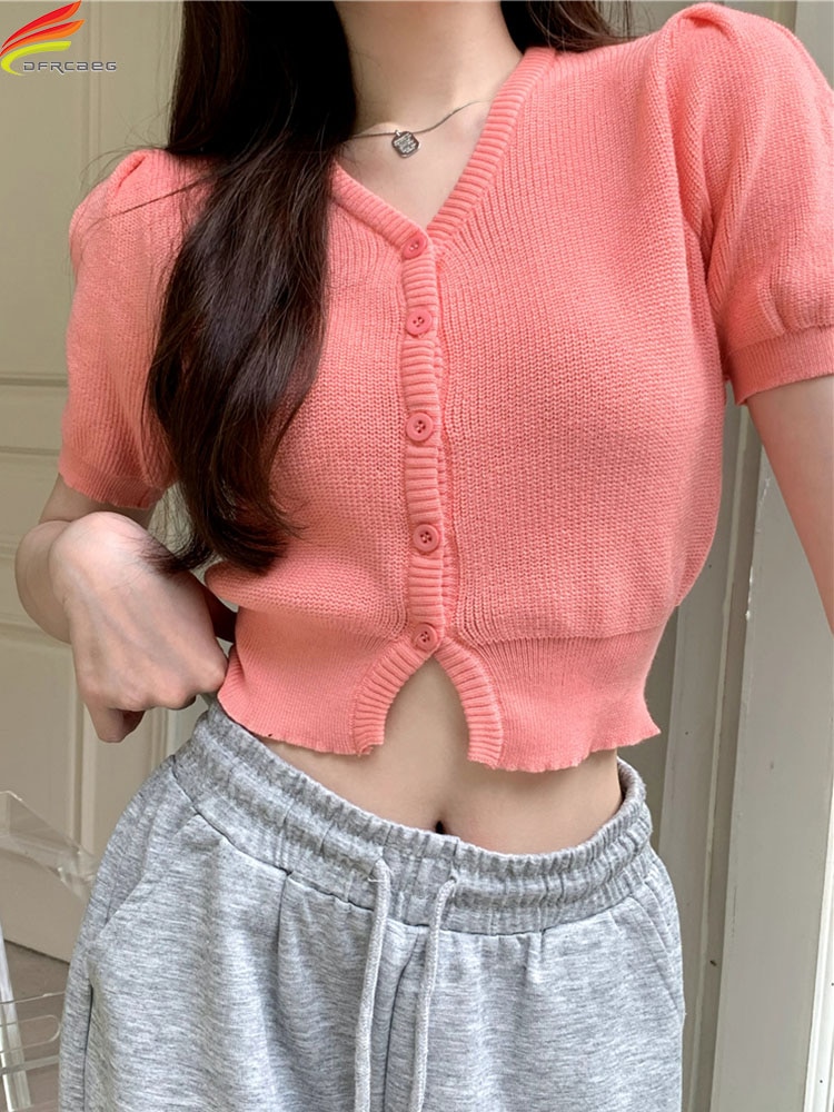 DFRCAEG 2022 Summer V Neck Sweater Women's Pullover Casual Slim Bottoming Sweaters Female Elastic Cotton Short Sleeve Tops 