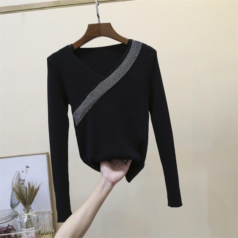 Black Sweaters Women With Diamonds Stretch Knitted Sweater Long Sleeve Sexy Spring Autumn
