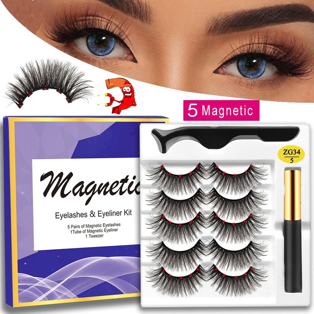 MB New 5Pairs Magnetic Eyelashes 5 Magnet 3D Mink Eyelashes Set With Eyeliner Tweezers Natural False Lashes Faux Cils Magnetique