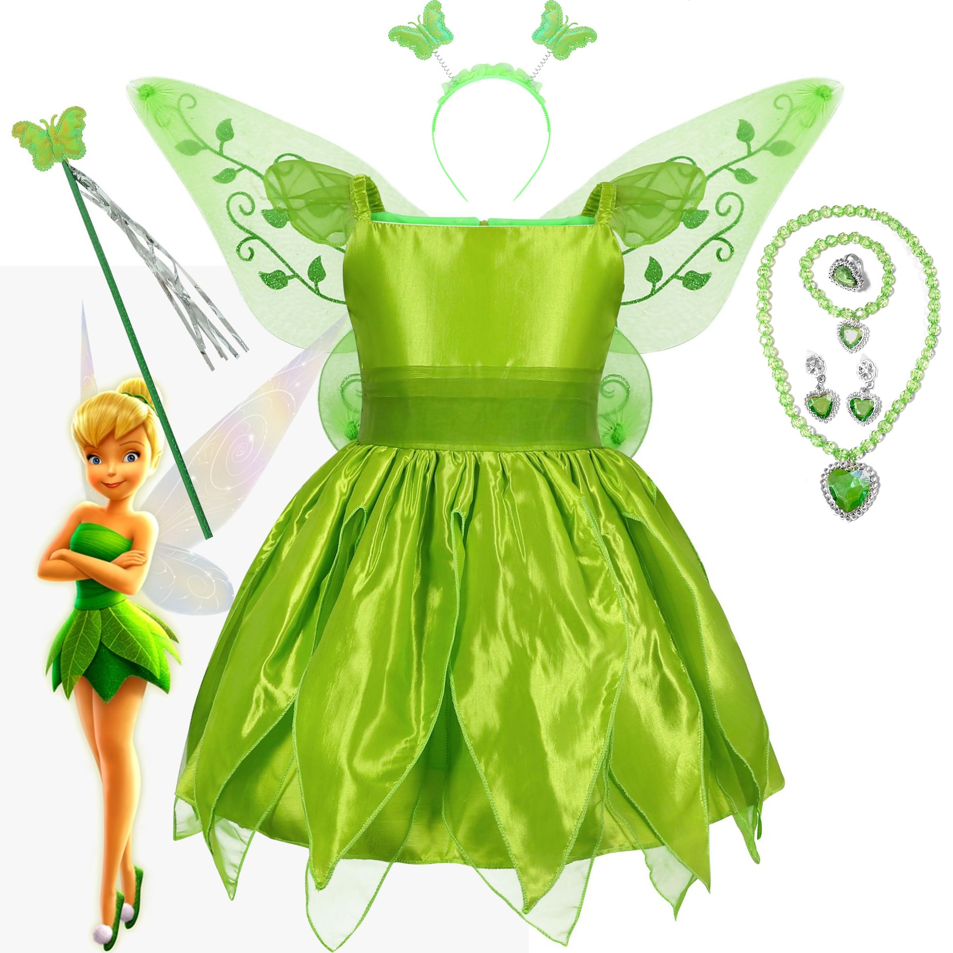 Pixie Fairy Costume for Girls 2022 Disney Princess Tinker Bell Dress with Wings Headband Wand Toddler Fancy Birthday Party Gowns