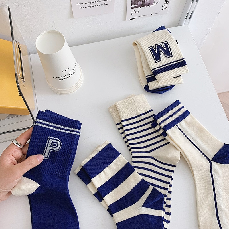 Unisex Cute Four Seasons New Casual Socks Female Middle Tube Three Bars College Wind Striped Sock English Alphabet Harajuku Sock