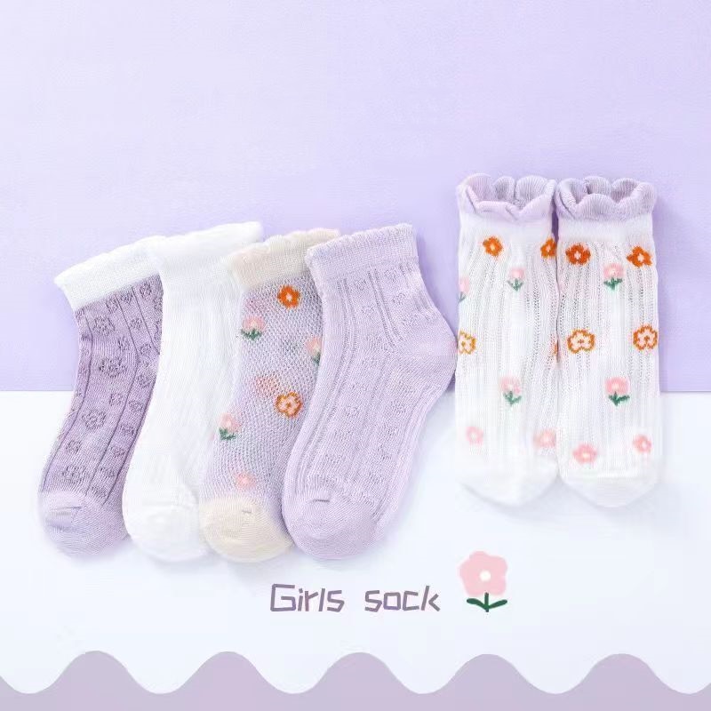 Kids Socks 5 Pairs/Lot Spring Summer Cotton Girls Boys Socks Cute Flowers Pattern Thin Mesh Model For 0-12 Years Children Baby