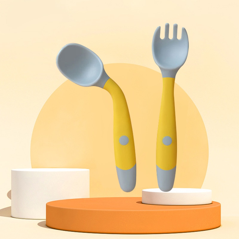 2PCS Silicone Spoon Fork for Baby Utensils Set Auxiliary Food Toddler Learn To Eat Training Bendable Soft Fork Infant Tableware