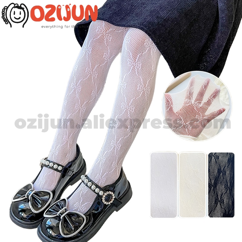 Children's Summer Sheer Pantyhose Bow Pattern Mesh Fishnet Nylon Tights Kids Girl 3-12 Years White Stockings for Wedding Pa