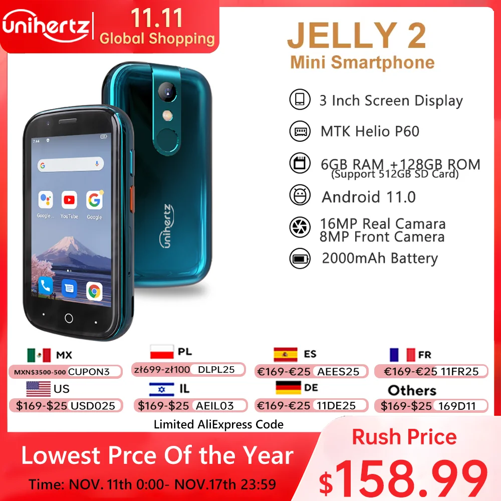 Unihertz Jelly 2 Mini Phone Pocket Android 11 Helio P60 Octa Core 4G LTE Dual-SIM Unlocked Smartphone 6GB+128GB NFC Cellphone