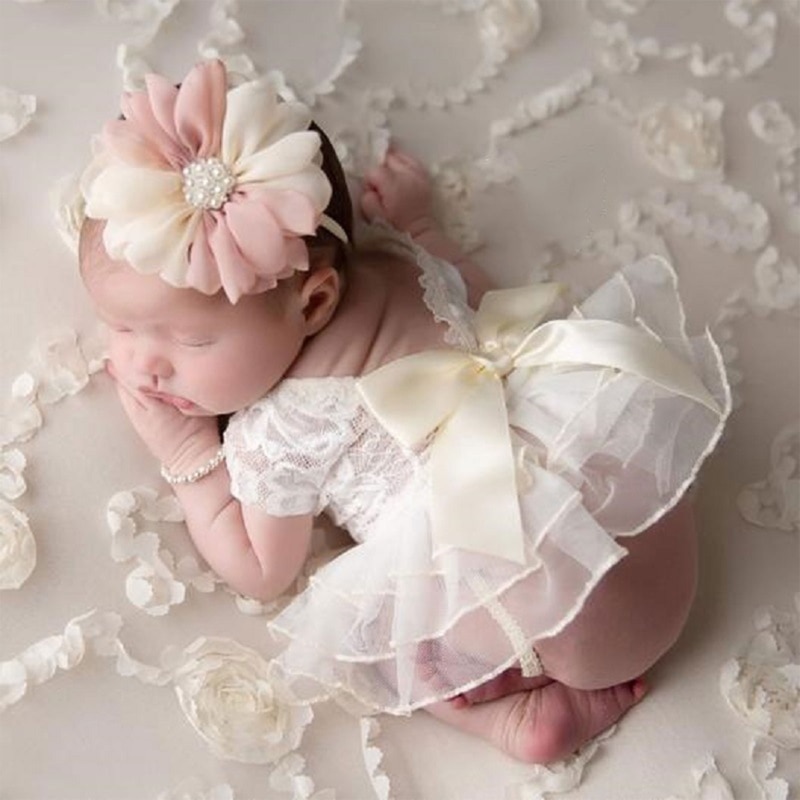 Baby Photography Props Outfit Lace Bowknot Skirt with Flower Headband for Newborn Infant Girls Photo Taking Dropshipping