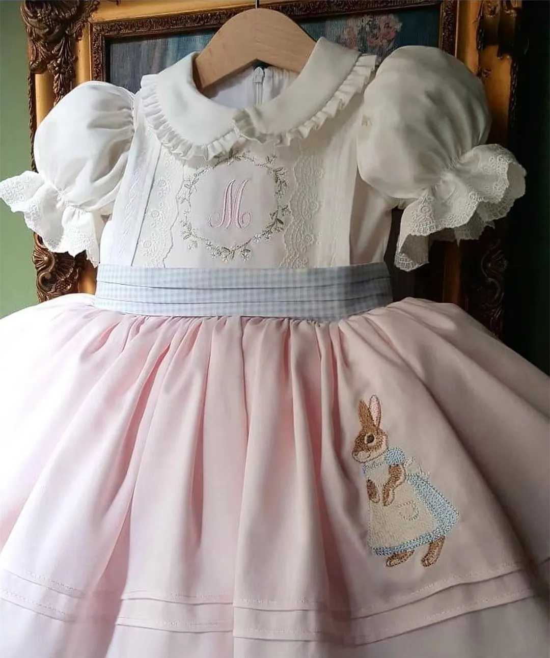 Baby Girl Summer Pink Rabbit Embroidery Turkish Vintage Lolita Princess Ball Gown Dress for Birthday Holiday Casual Eid B145