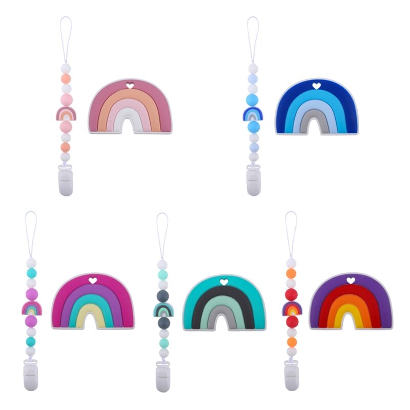 Q1FE Cartoon Rainbow Silicone Pacifier Clip with Teether Set Teething Soothie Toy Pacifiers Chain Holder for Baby Girls Boys