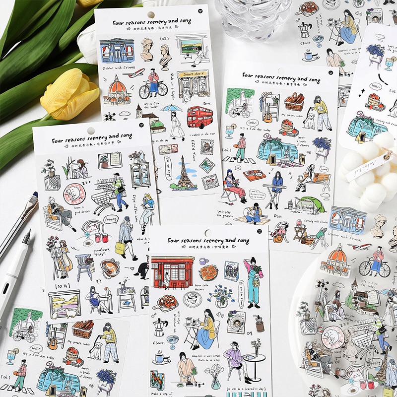 MOHAMM 1 Sheet Daily Life Scenery Stickers for Scrapbook Journal Decoration DIY Crafts Planners Character Illustration