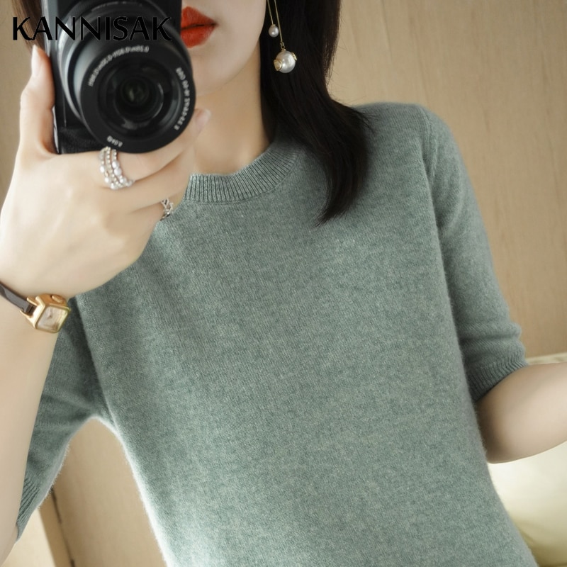 2022 Spring Summer Womens Sweater Short Sleeve O-neck Slim Fit Knitted Pullovers Bottoming Casual Knitwear Camel Pink Clothes
