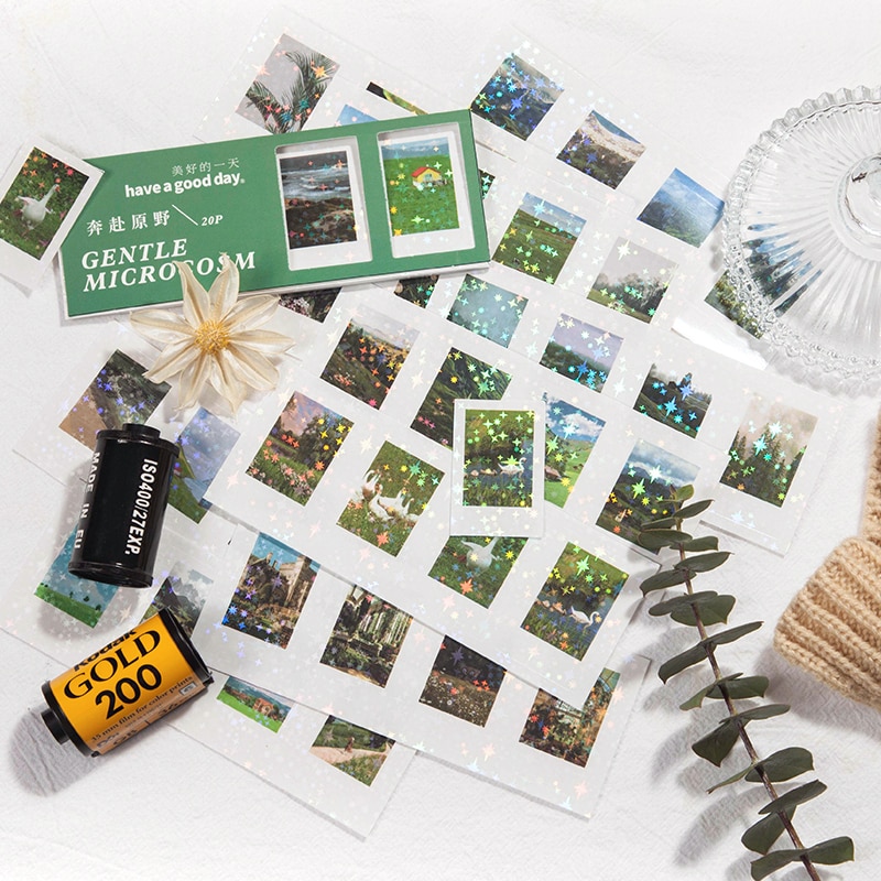 Polaroid Style Stickers Laser Reflective Star Aesthetic Label Art Phone Notebooks Scrapbooking Collage Diary Material For School
