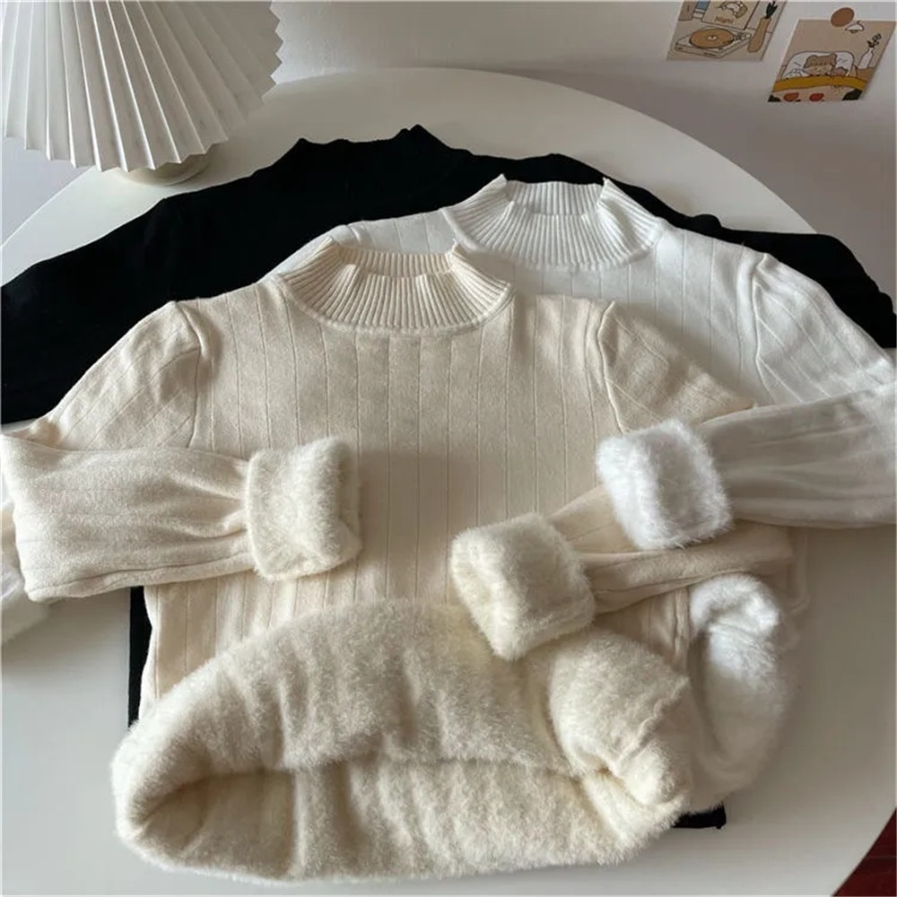 Casual Plus Velvet Knitted Warm Sweaters For Women Winter Warm Solid Colors Pullovers New Arrival Korean Knitwear Top Female