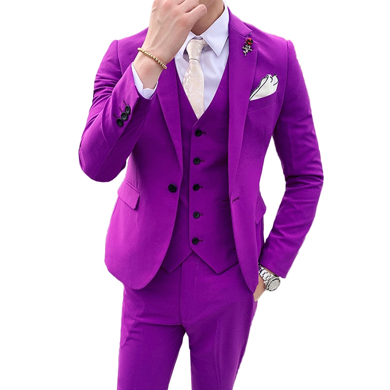 ( Jacket + Vest + Pnats ) High-end Brand Boutique Fashion Solid Color Men's Formal Business Suit 3piece Set Groom Wedding D