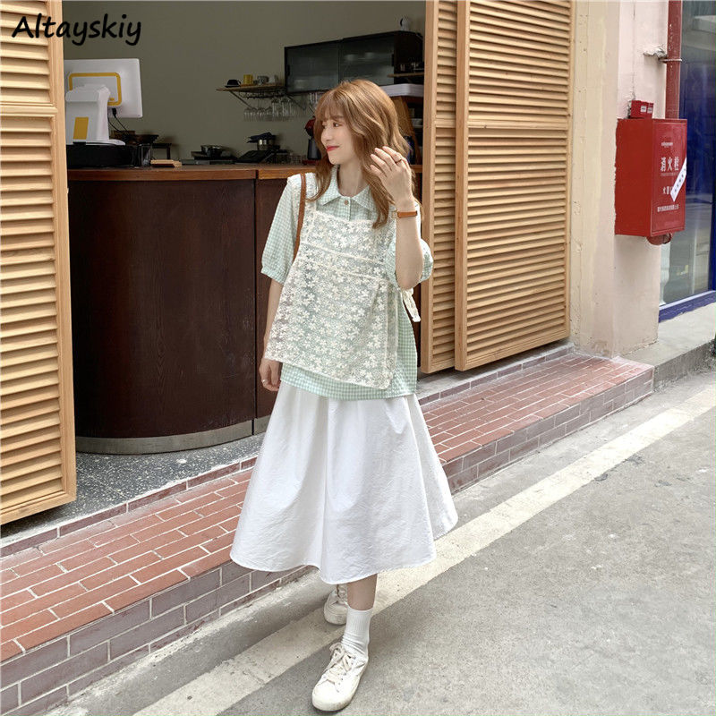 Sets Women Chic Puff Sleeve Vests Design Prevalent Kawaii Shirts Летние Female Sweet Casual Loose Sheer Students Skirts Kpop Ins