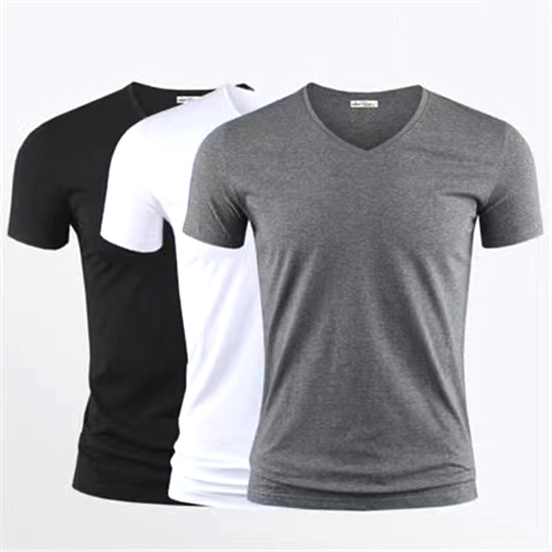 Men's T Shirt Pure Color V Collar Short Sleeved Tops Tees Men T-Shirt Black Tights Man T-Shirts Fitness For Male Clothes TD