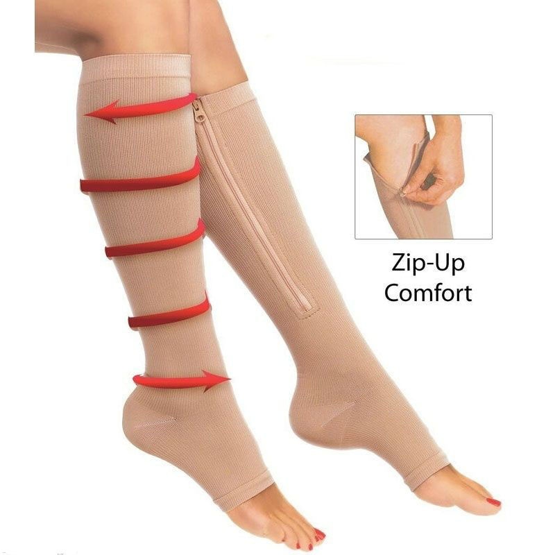 2022 New Women Zipper Compression Socks Zip Leg Support Knee Sox Open Toe Solid Color Sock Fashion and Leak Toe Black Khaki