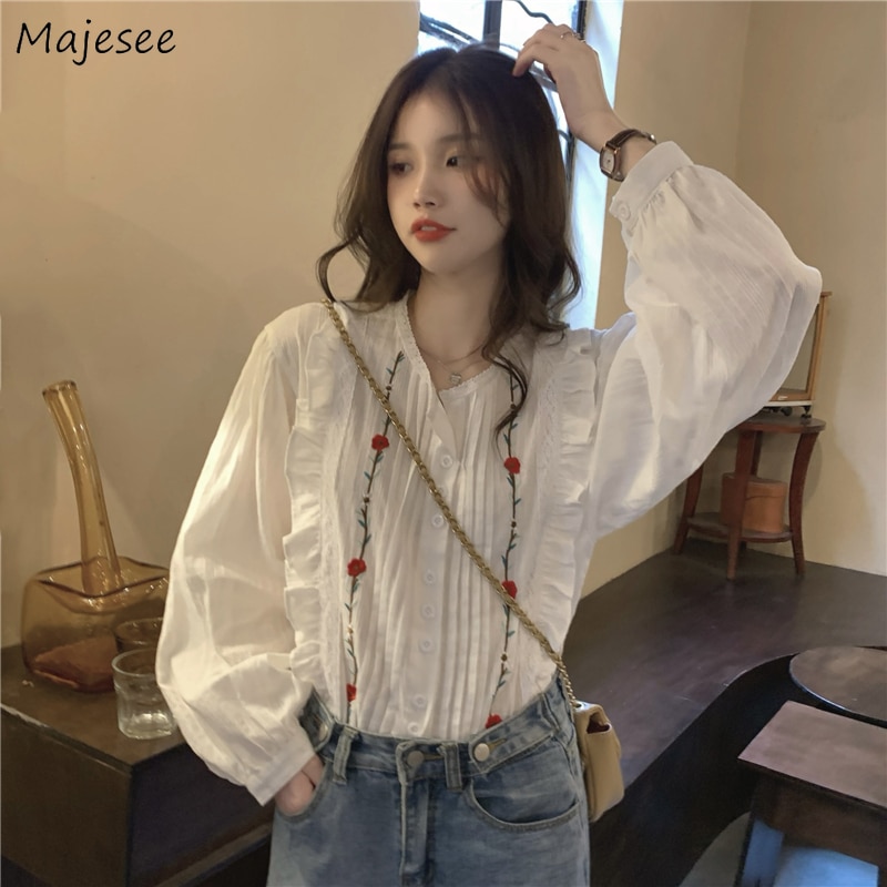 Shirts Women Embroidery Design Sweet Fashion Vacation Stylish Prairie Chic French Style Tender Elegant Thin Summer Leisure Fit