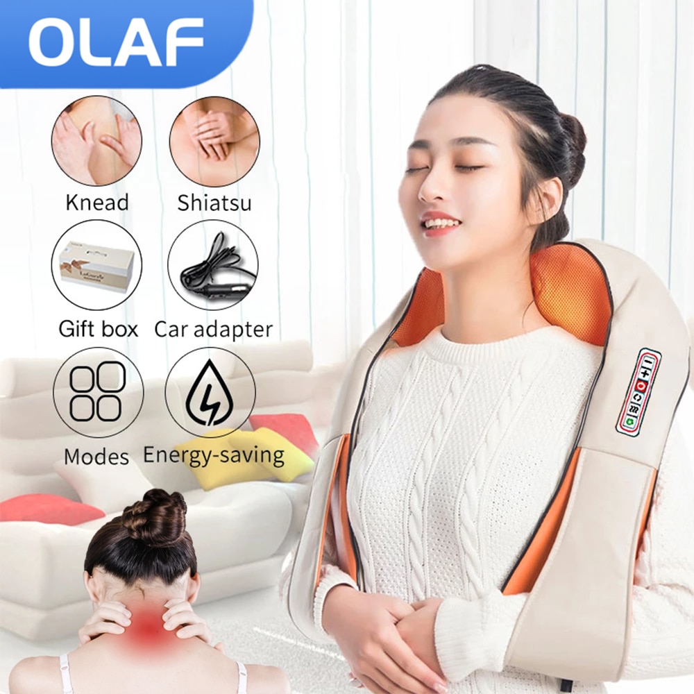 OLAF U Shape Electrical Shiatsu Back Neck Shoulder Body Massager Infrared Heated Kneading Car/Home Massage Shawl Device With Box