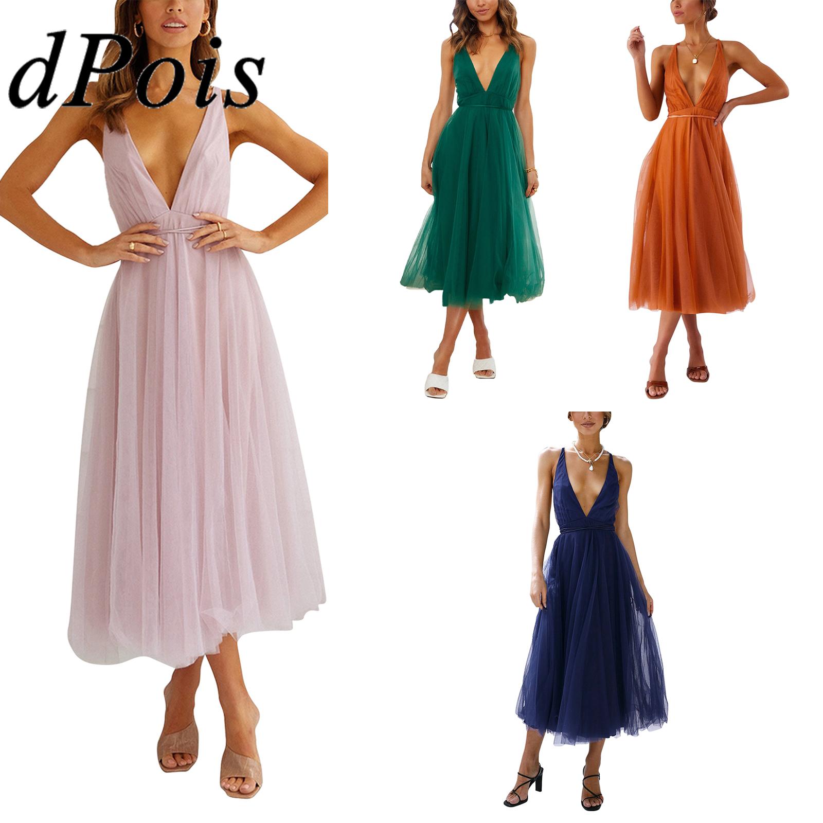 Sexy Women's Dress Deep V Neck Sleeveless Backless Tulle Formal Evening Party Dress Vestido De Fiesta Prom Gown Woman Robes
