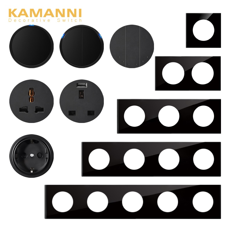 Black Tempered Glass Frame and Keys Free DIY Button Reset Curtain USB EU French Electrical Wall Sockets and Switch 20A Switch