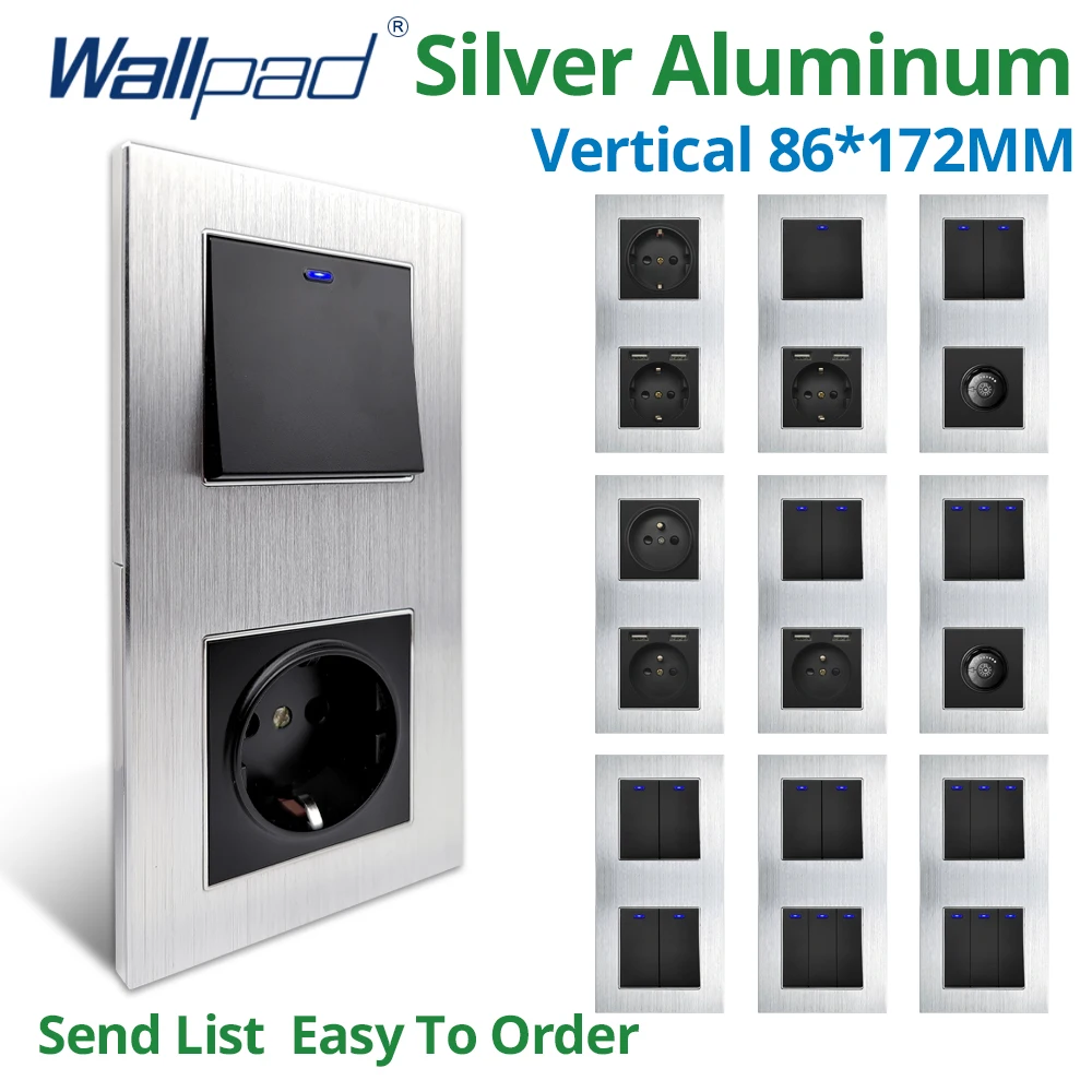Wallpad Vertical 172*86mm Silver Aluminum Panel Wall Light Switch Dimmer USB EU Socket Outlet 1 2 3 Gang 2 Way LED