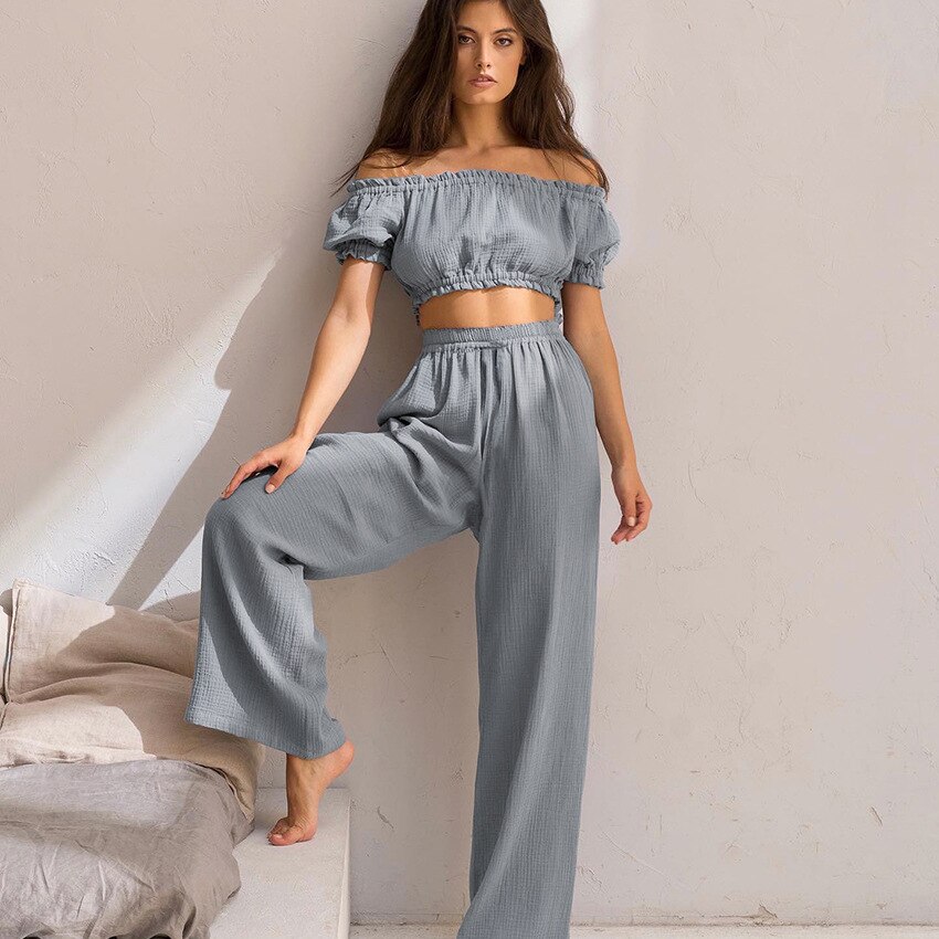 Slash Neck 2PCS Pajamas Suit With Pants Women Short Sleeve Sleep Set 2022 Home Clothing Sleepwear Nightwear Intimate Lingerie