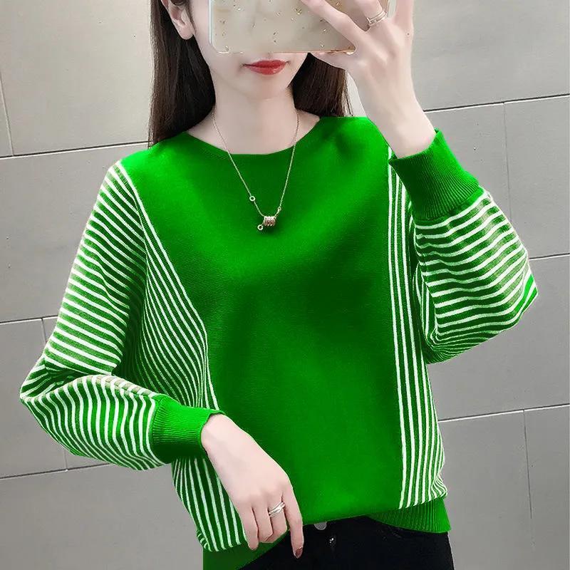 Autumn Woman Knitted Stripe Print Sweater Female New Long Sleeve Pullover Ladies O-neck Basic Streetwear Jumper Top Oversize G18