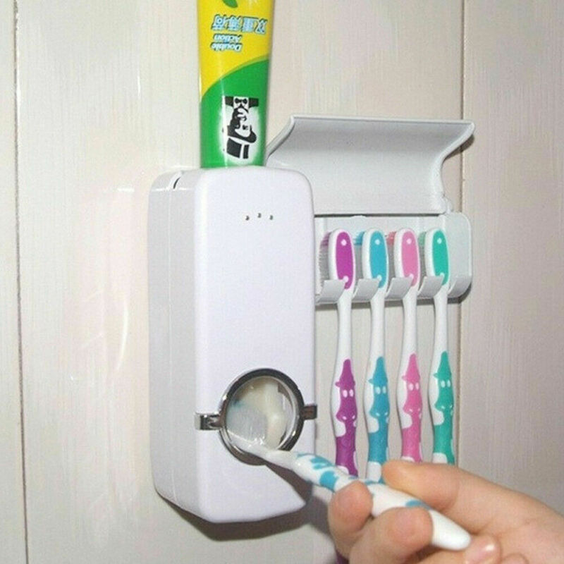 ABS Toothbrush Holder Universal Wall Mounted Tooth Brush Organizer With Automatic Toothpaste Dispenser