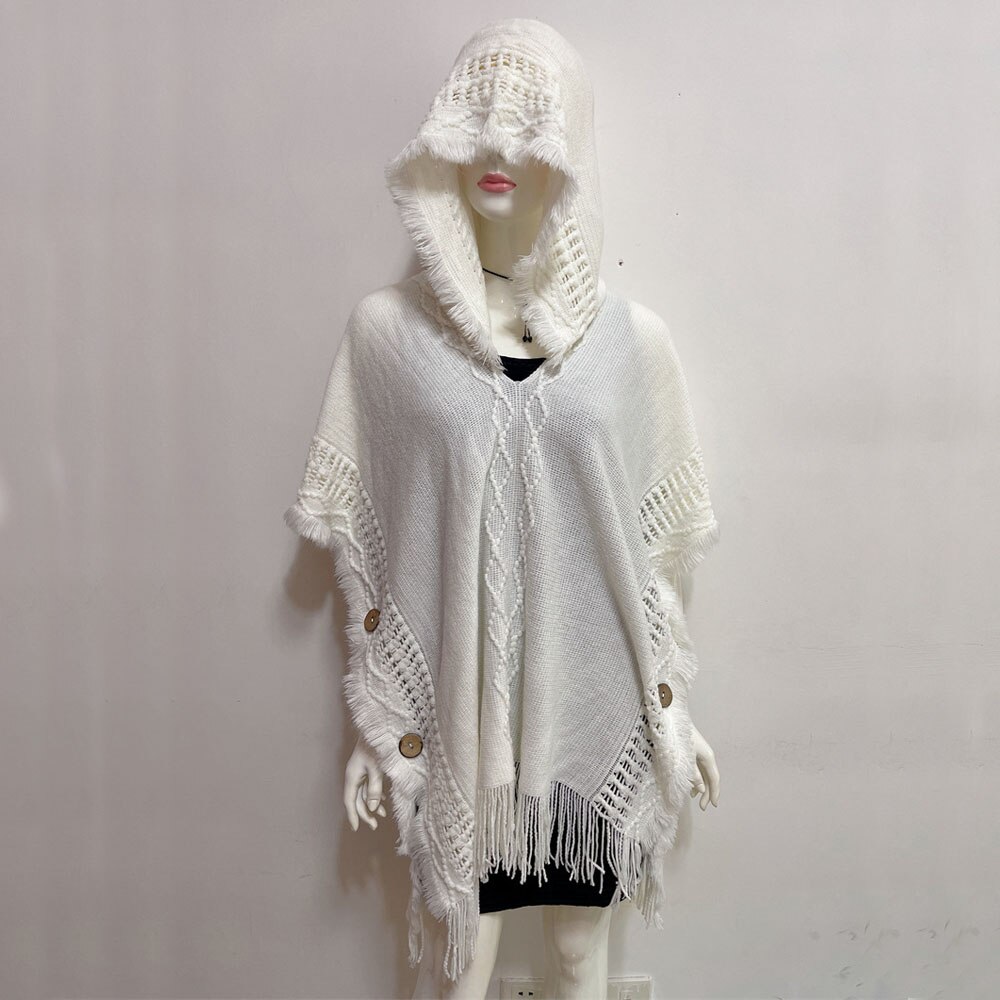 2022 Autumn and Winter Hooded Pullover Oversized Tassel Bat Sleeve Knitted Sweater for Women