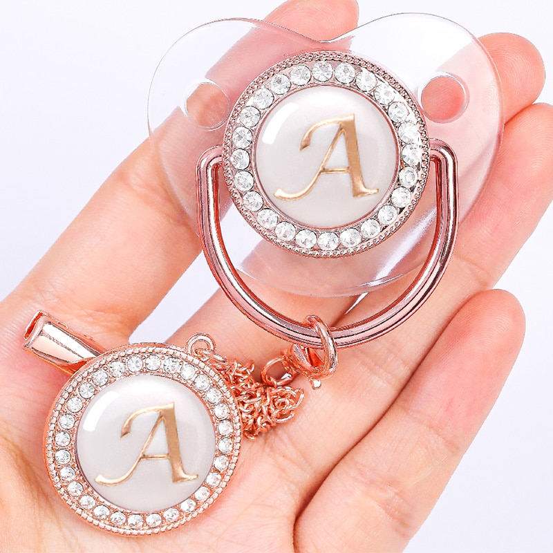 New Born Baby Pacifier Clips Letter Rose Gold Bling Silicone Teether Infant Pacifiers Holder Nipple BPA Free Baby Shower Gifts