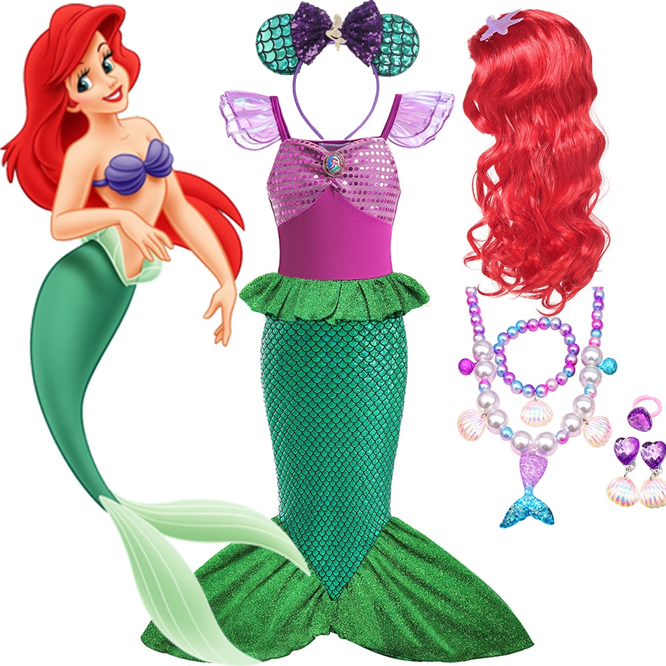 Disney Little Mermaid Ariel Princess Dress For Girls Short Sleeve Tulle Cosplay Costume Children Carnival Birthday Party Clothes