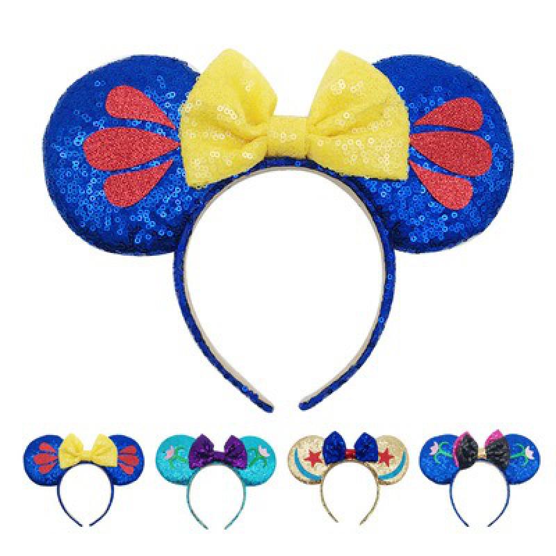 Disney Snow White Sequin Mickey Mouse Ears Hairband For Girls Glitter Bow Headband Women Party Headwear Kawaii Hair Accessories