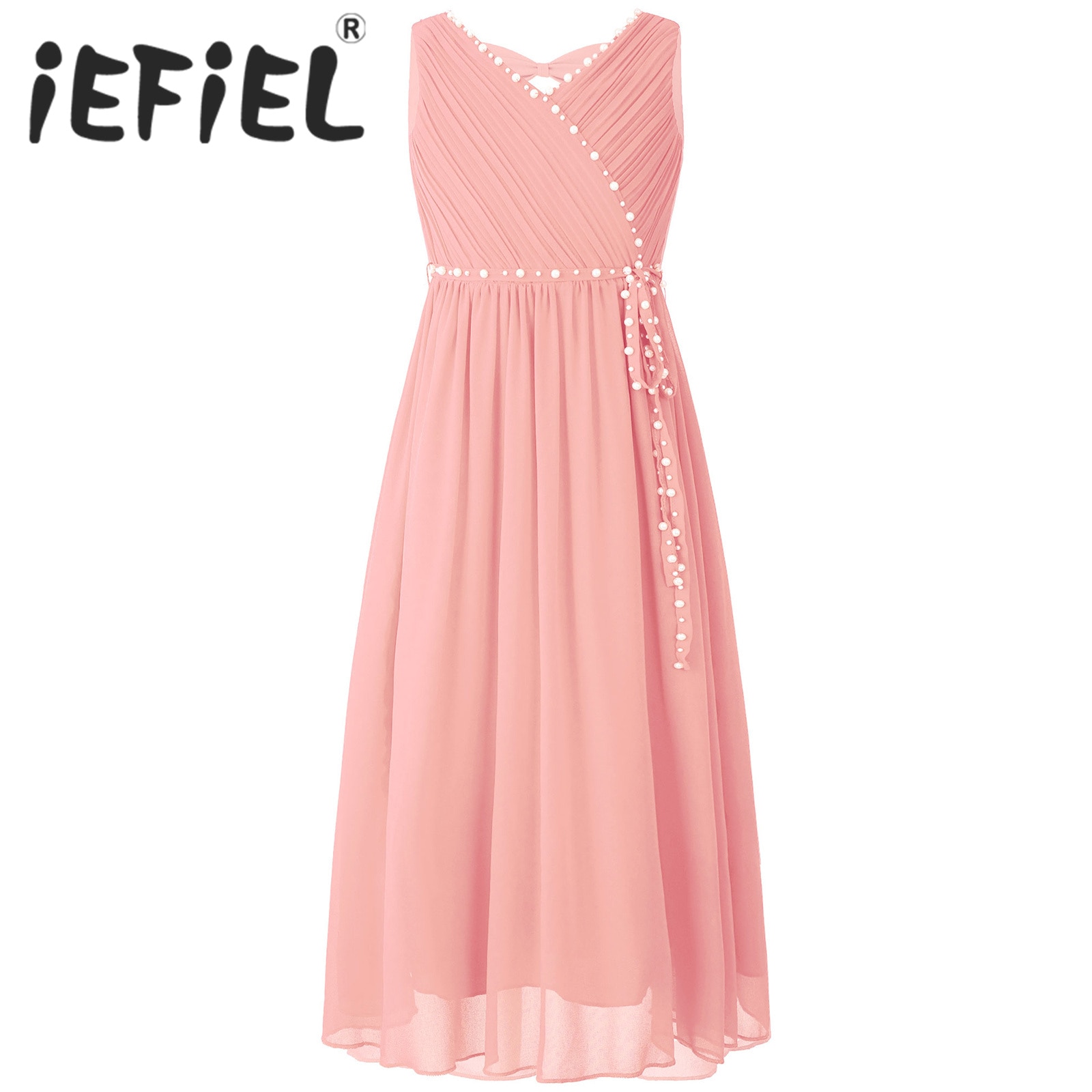 Flower Girls Dress Elegant Beaded Chiffon Party Summer Dress Ruched V Neck Sleeveless Bow Cut-out Dress for Bridesmaid Wedding