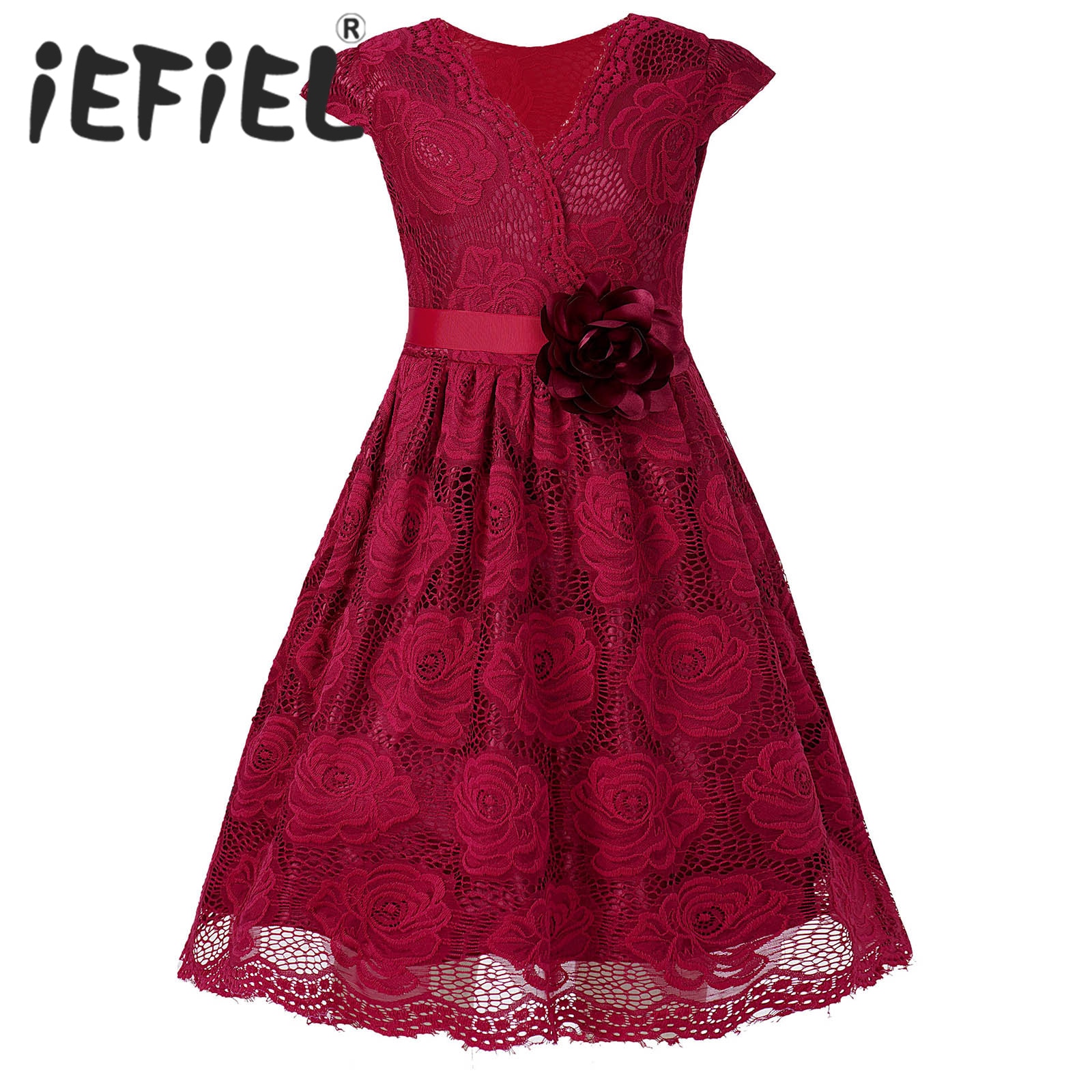 Kids Girls Flower Dress V Neck Sleeveless Princess Lace Satin Waist Belt Tulle Tutu Dress for Birthday Party Wedding Bridesmaid