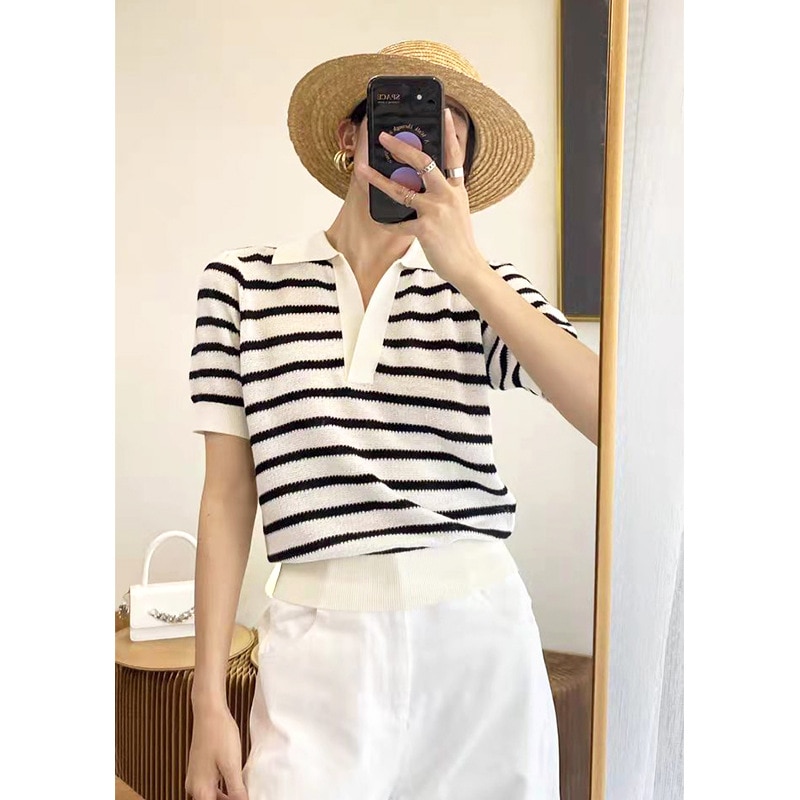 Polo Neck Puff Sleeves Women Summer Tees T-Shirt Striped Knit Loose Casual Lady Crop Tops