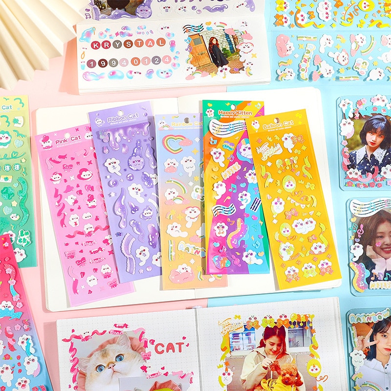 MOHAMM 1 Sheet Kawaii Shiny Cartoon Cat Stickers for Photos Frame Art Creation Journal Diary Decoration DIY Material