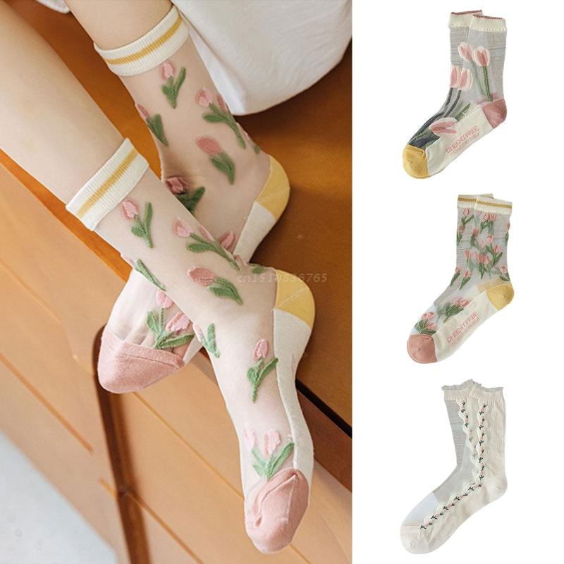 Women Summer Transparent Mesh Crew Socks Fairy Tulip Flower Jacquard Patterned Ultra-Thin Crystal Silky Lace Middle Tube Hosiery