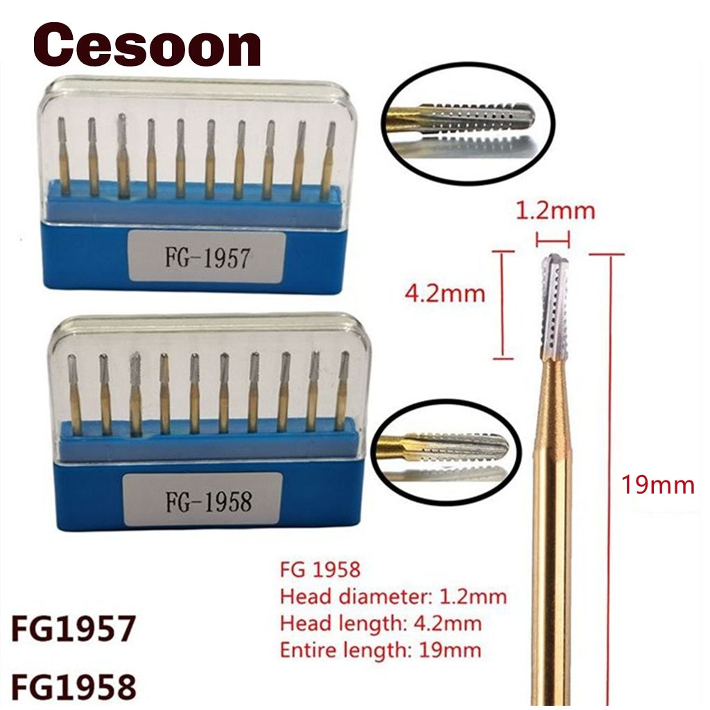 10Pcs/Box Dental Carbide Bur High Speed Tungsten Steel Crown Metal Cutting Burs FG1957/FG1958 Gold-Plated Dentist Lab Materials