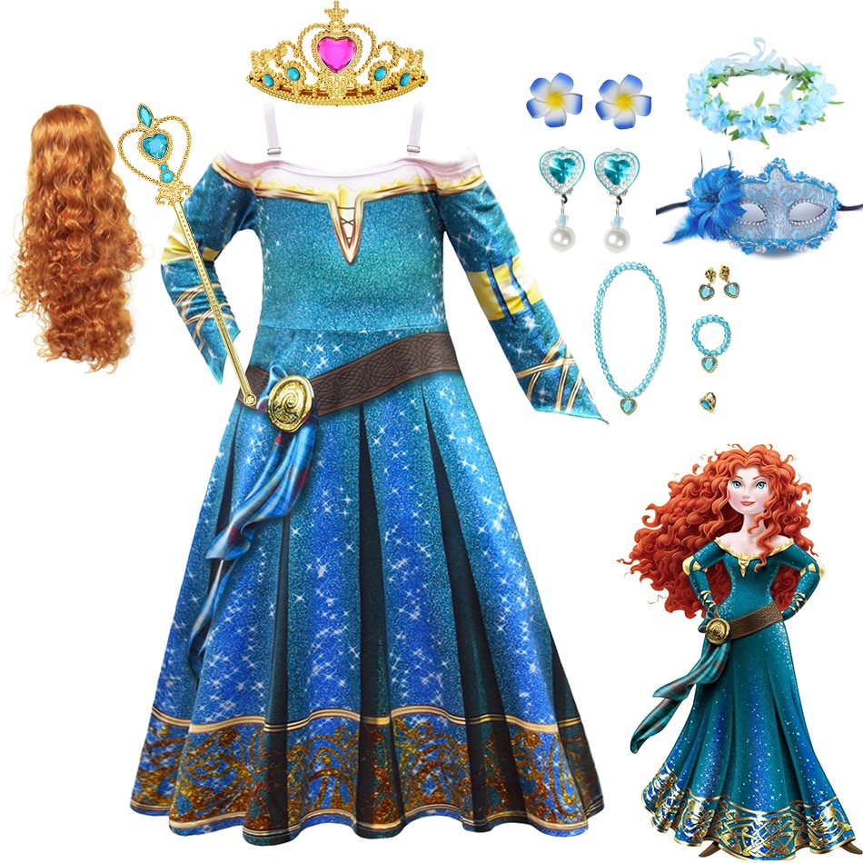 New Disney Princess Merida Long Dress With Wig Kids Disguise Halloween Children Clothing Set Girls Carnival Party Cosply Costume