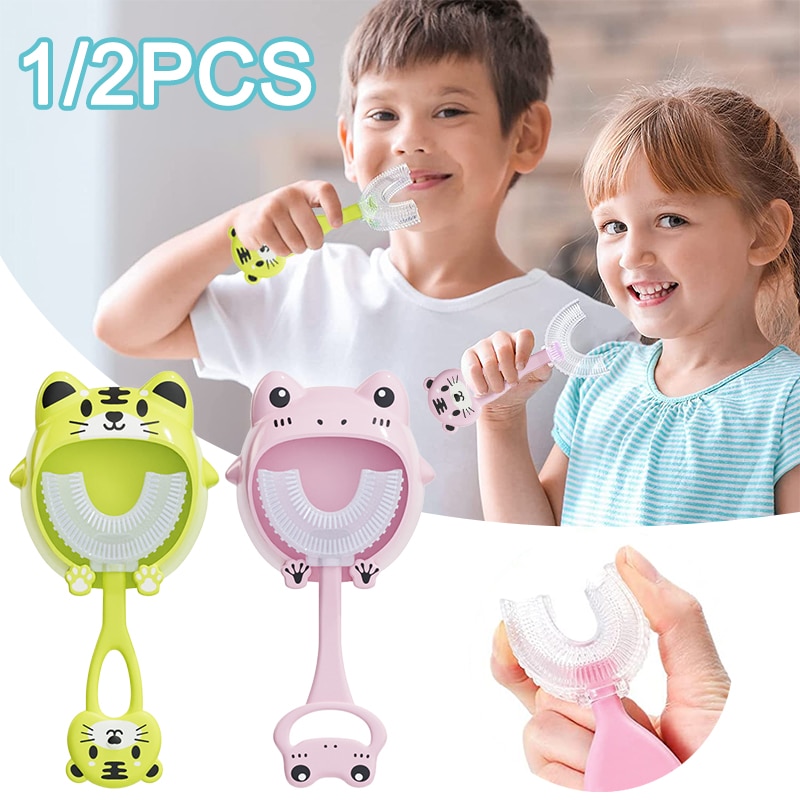 U Shaped Baby Kid Toothbrush 360 Degree Soft Silicone Brush Head with Wall-mounted for 2-12 Ages Toddler Children Teeth Cleaning